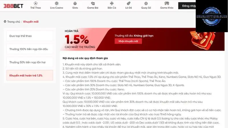 Khuyến mãi 388bet hoàn tiền lên đến 1.5%