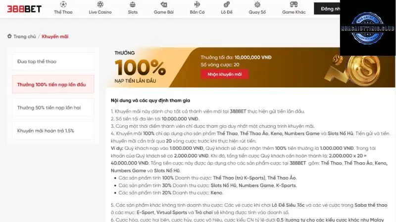 Khuyến mãi 388bet thưởng nạp lần đầu