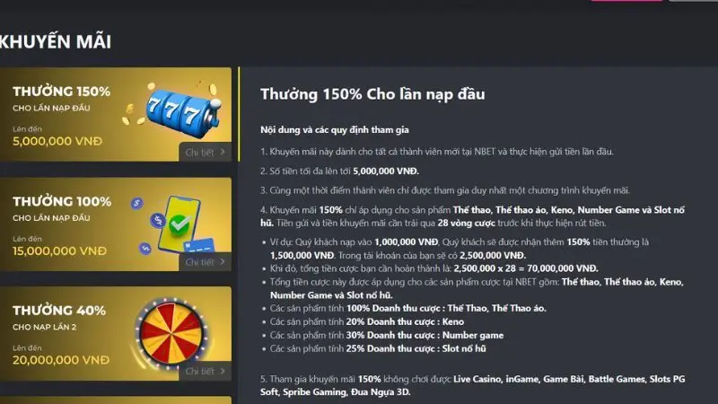 Khuyến mãi Nbet: Thưởng 150% cho lần nạp đầu tiên