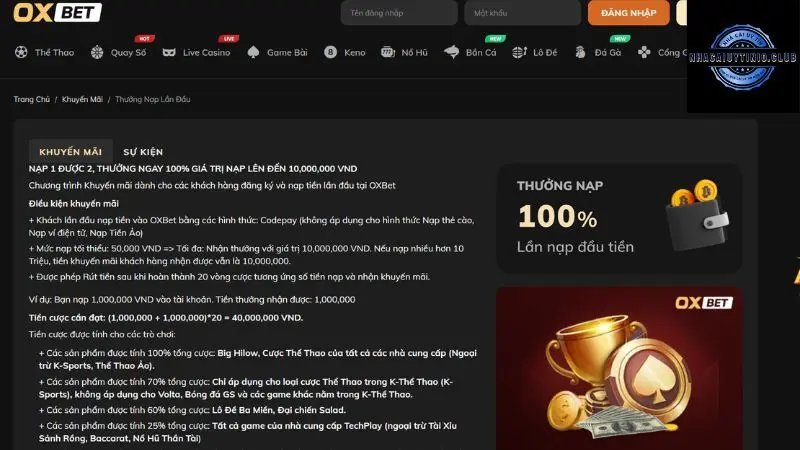 Khuyến mãi Oxbet cho các lần nạp tiền đầu tiên